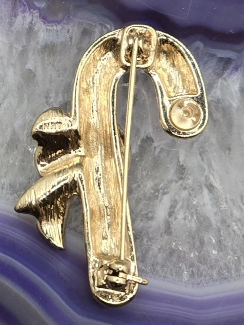 Avon NRT Candy Cane Brooch Enameled w/ Bow & Faceted Glass Crystals